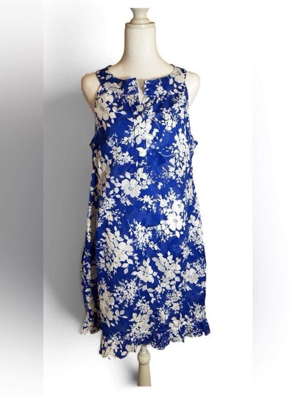 Handmade Blue White Floral Shift Dress Sleeveless Ruffle Hem S/M Cottagecore